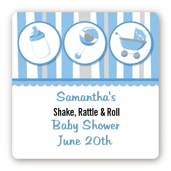 Shake, Rattle & Roll Blue - Square Personalized Baby Shower Sticker Labels