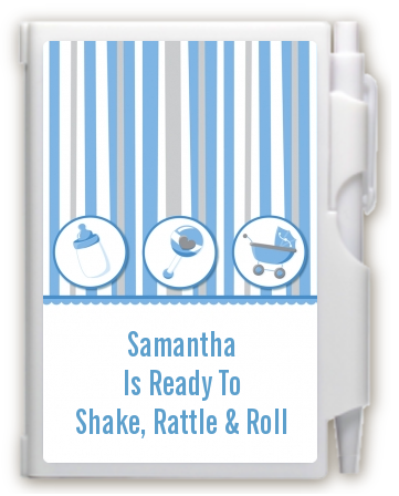 Shake, Rattle & Roll Blue - Baby Shower Personalized Notebook Favor