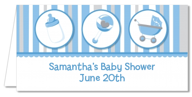 Shake, Rattle & Roll Blue - Personalized Baby Shower Place Cards