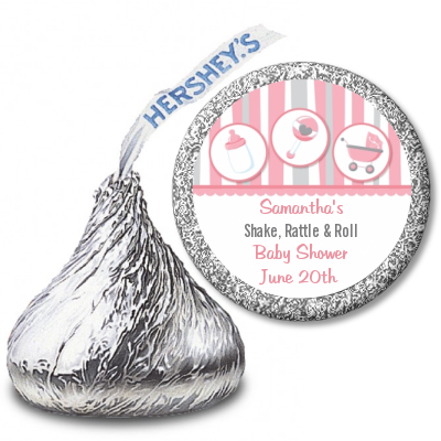 Shake, Rattle & Roll Pink - Hershey Kiss Baby Shower Sticker Labels