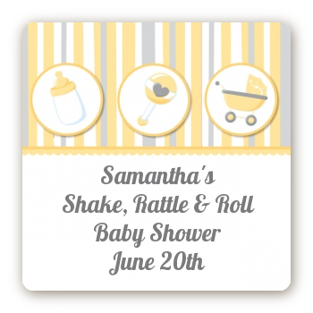 Shake, Rattle & Roll Yellow - Square Personalized Baby Shower Sticker Labels