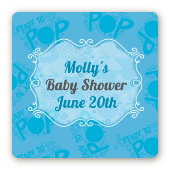 She's Ready To Pop Blue - Square Personalized Baby Shower Sticker Labels