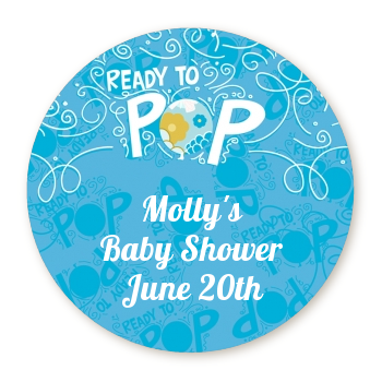  She's Ready To Pop Blue - Round Personalized Baby Shower Sticker Labels 