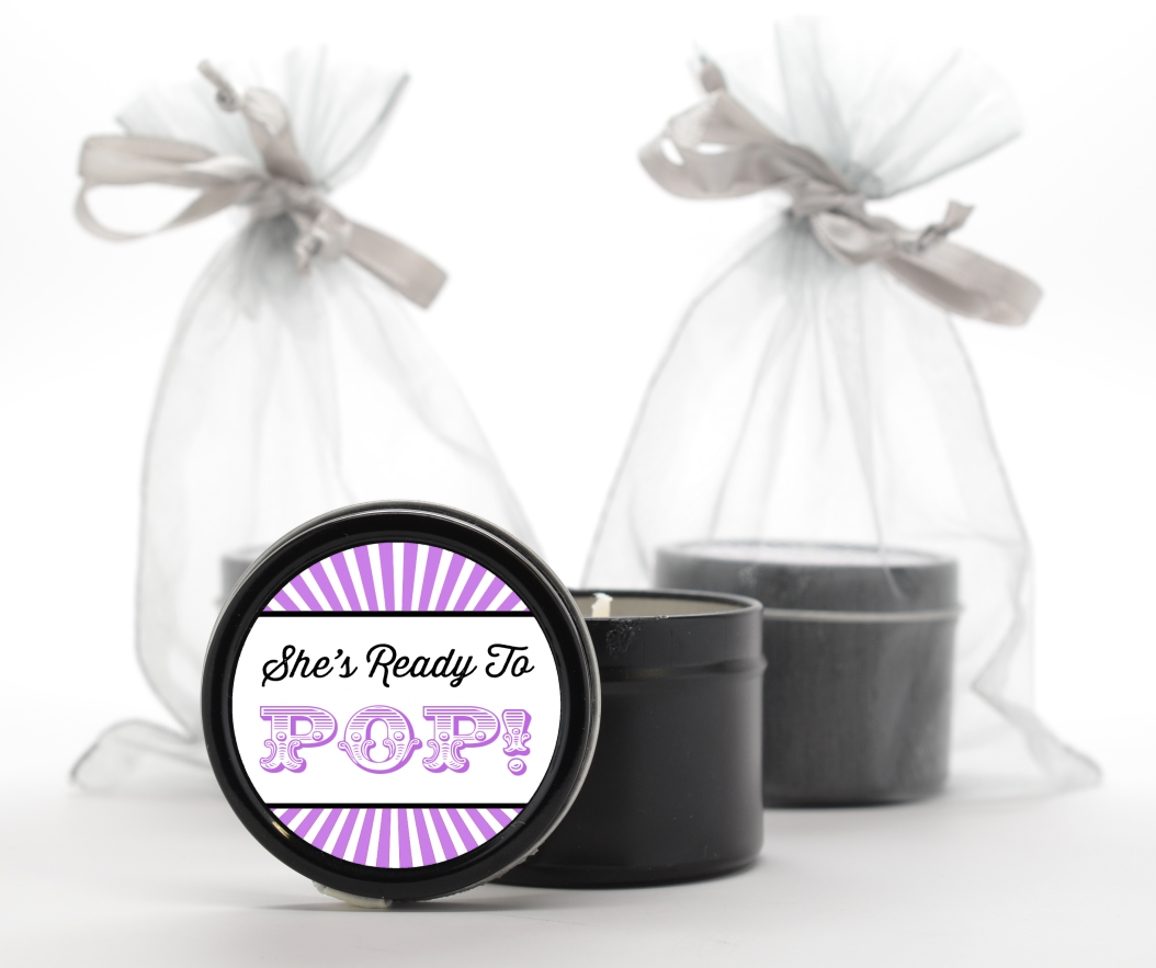  She's Ready To Pop - Baby Shower Black Candle Tin Favors Option 1