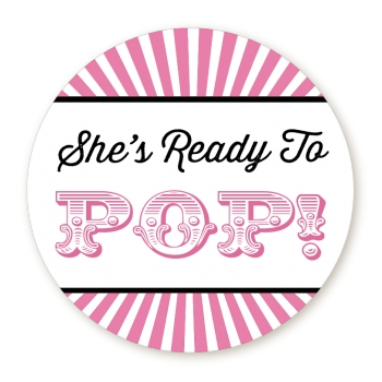  She's Ready To Pop - Round Personalized Baby Shower Sticker Labels Option 1