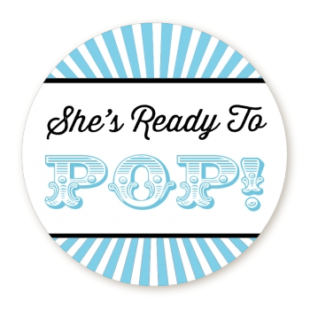  She's Ready To Pop - Round Personalized Baby Shower Sticker Labels Option 1