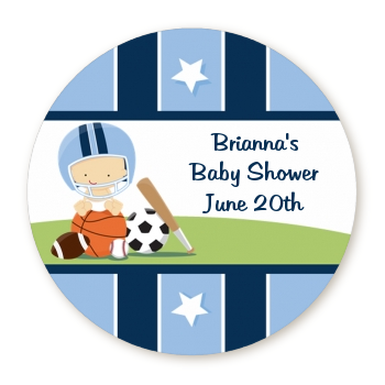  Sports Baby Caucasian - Round Personalized Baby Shower Sticker Labels 