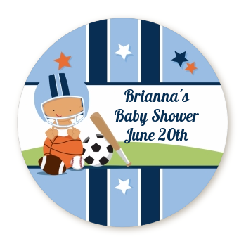  Sports Baby Hispanic - Round Personalized Baby Shower Sticker Labels Caucasian