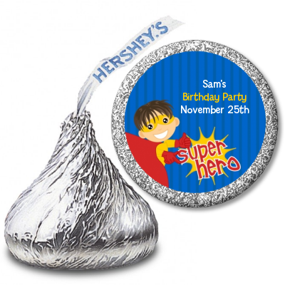 Superhero Boy - Hershey Kiss Birthday Party Sticker Labels