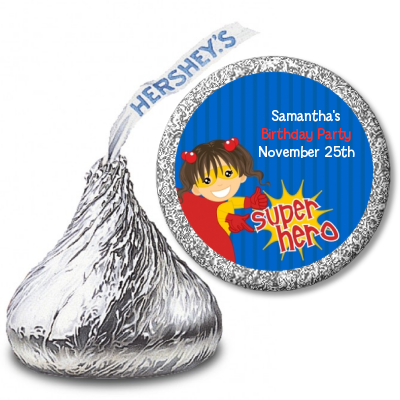 Superhero Girl - Hershey Kiss Birthday Party Sticker Labels