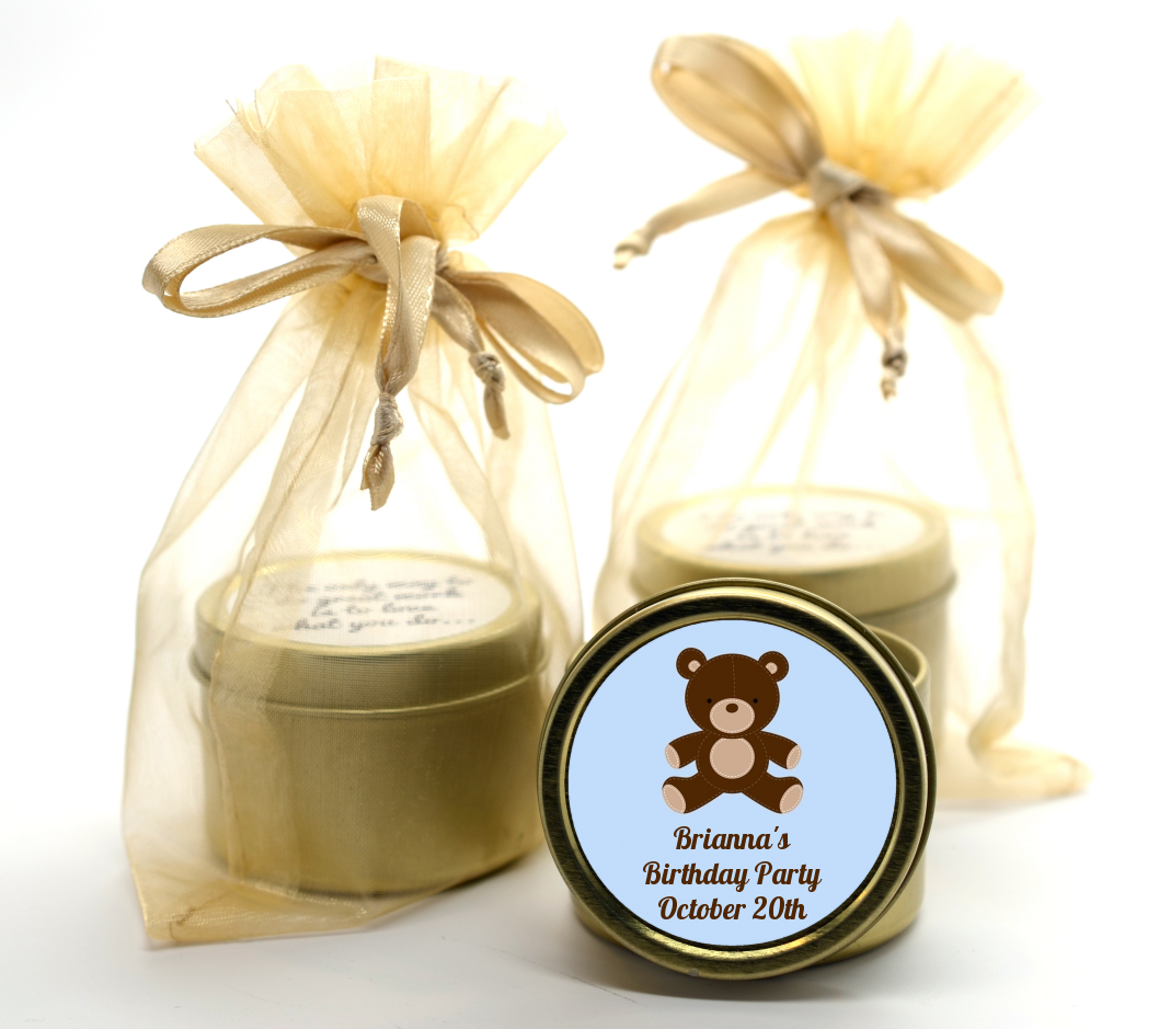  Teddy Bear - Birthday Party Gold Tin Candle Favors Blue