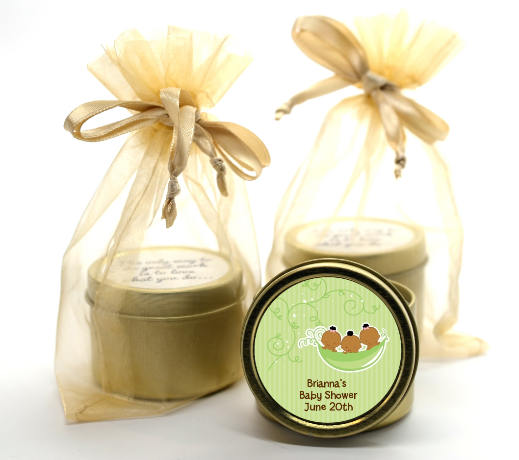  Triplets Three Peas in a Pod African American - Baby Shower Gold Tin Candle Favors Triplet Boys