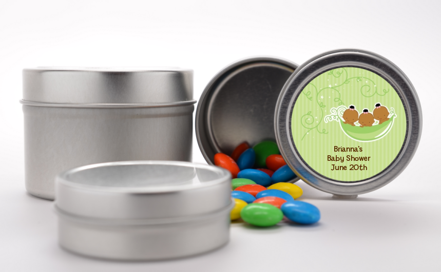  Triplets Three Peas in a Pod African American - Custom Baby Shower Favor Tins Triplet Boys