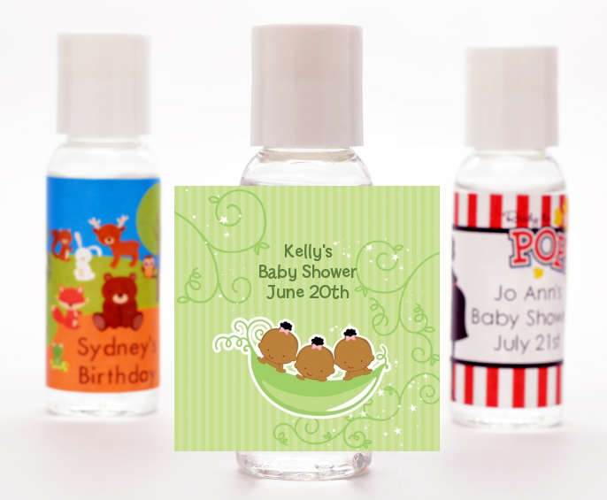  Triplets Three Peas in a Pod African American - Personalized Baby Shower Hand Sanitizers Favors 2 Boys 1 Girl