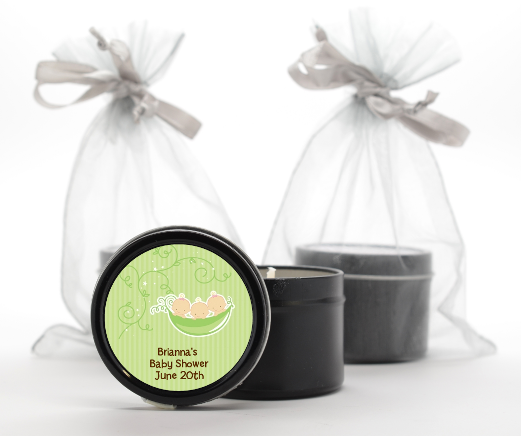  Triplets Three Peas in a Pod Caucasian - Baby Shower Black Candle Tin Favors 2 Boys 1 Girl