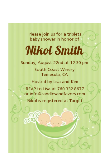  Triplets Three Peas in a Pod Caucasian - Baby Shower Petite Invitations 2 Boys 1 Girl