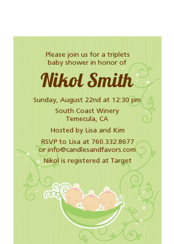  Triplets Three Peas in a Pod Caucasian - Baby Shower Petite Invitations 2 Boys 1 Girl