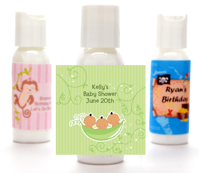  Triplets Three Peas in a Pod Hispanic - Personalized Baby Shower Lotion Favors 2 Boys 1 Girl