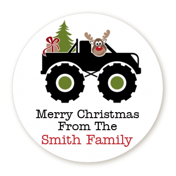  Truck with Rudolph - Round Personalized Christmas Sticker Labels 