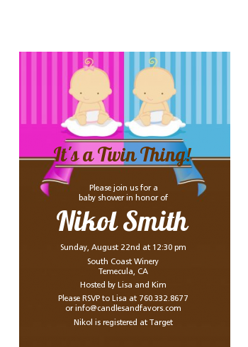 Twin Babies 1 Boy and 1 Girl Caucasian - Baby Shower Petite Invitations