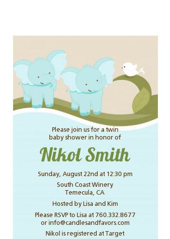 Twin Elephant Boys - Baby Shower Petite Invitations