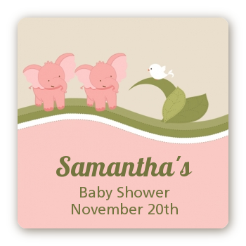 Twin Elephant Girls - Square Personalized Baby Shower Sticker Labels