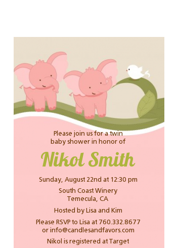 Twin Elephant Girls - Baby Shower Petite Invitations