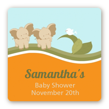 Twin Elephants - Square Personalized Baby Shower Sticker Labels