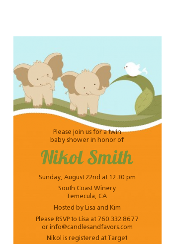 Twin Elephants - Baby Shower Petite Invitations