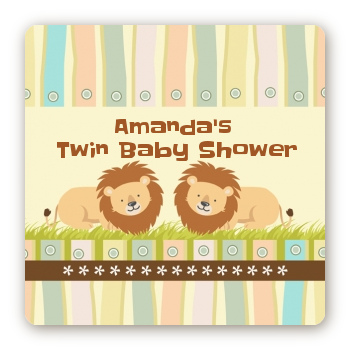 Twin Lions - Square Personalized Baby Shower Sticker Labels