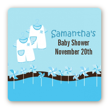 Twin Little Boy Outfits - Square Personalized Baby Shower Sticker Labels