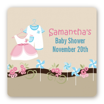 Twin Little Outfits 1 Boy and 1 Girl - Square Personalized Baby Shower Sticker Labels