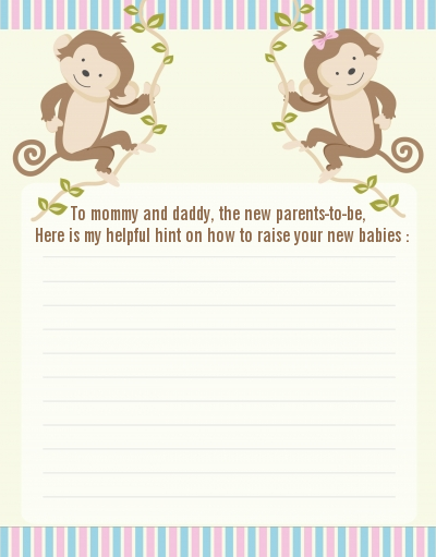 Twin Monkey 1 Girl and 1 Boy - Baby Shower Notes of Advice