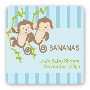 Twin Monkey Boys - Square Personalized Baby Shower Sticker Labels