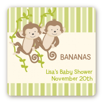 Twin Monkey - Square Personalized Baby Shower Sticker Labels