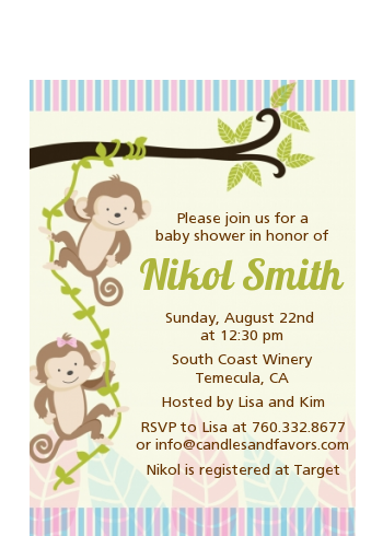  Twin Monkey - Baby Shower Petite Invitations 1 boy 1 girl