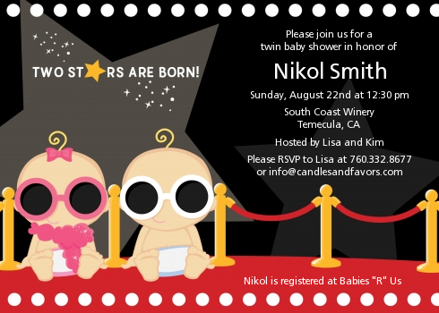  Twin Stars Are Born Hollywood - Baby Shower Invitations 1 Girl 1 Boy