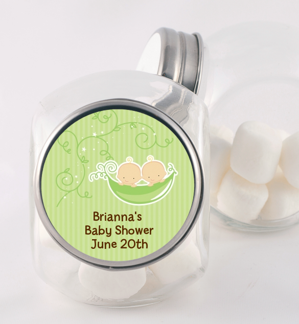  Twins Two Peas in a Pod Caucasian - Personalized Baby Shower Candy Jar 1 Boy 1 Girl