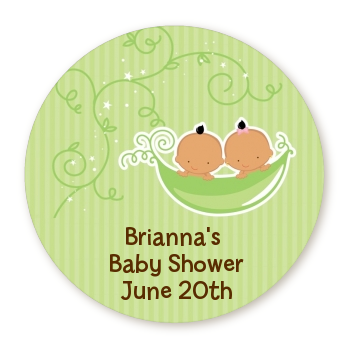  Twins Two Peas in a Pod Hispanic - Round Personalized Baby Shower Sticker Labels 1 Boy 1 Girl