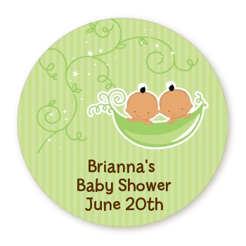  Twins Two Peas in a Pod Hispanic - Round Personalized Baby Shower Sticker Labels 1 Boy 1 Girl