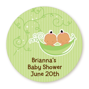  Twins Two Peas in a Pod Hispanic - Round Personalized Baby Shower Sticker Labels 1 Boy 1 Girl