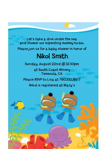 Under the Sea African American Baby Boy Twins Snorkeling - Baby Shower Petite Invitations