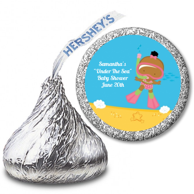 Under the Sea African American Baby Girl Snorkeling - Hershey Kiss Baby Shower Sticker Labels