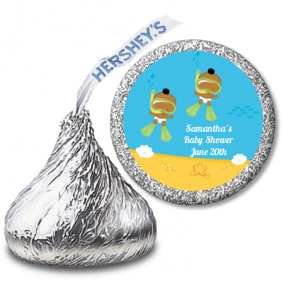 Under the Sea African American Baby Twins Snorkeling - Hershey Kiss Baby Shower Sticker Labels