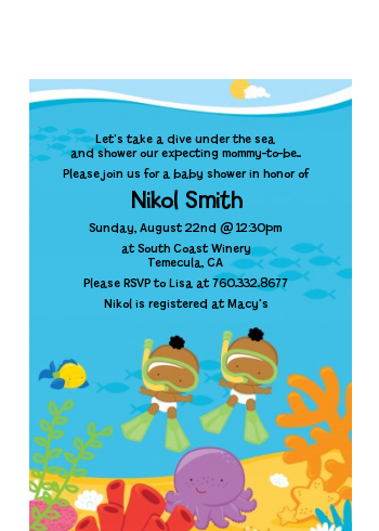 Under the Sea African American Baby Twins Snorkeling - Baby Shower Petite Invitations