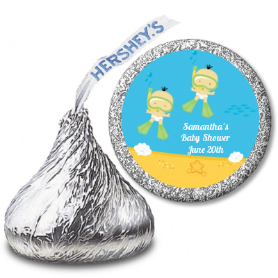 Under the Sea Asian Baby Twins Snorkeling - Hershey Kiss Baby Shower Sticker Labels