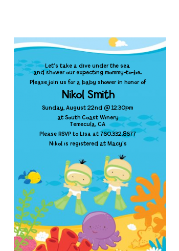 Under the Sea Asian Baby Twins Snorkeling - Baby Shower Petite Invitations