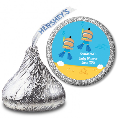 Under the Sea Hispanic Baby Boy Twins Snorkeling - Hershey Kiss Baby Shower Sticker Labels