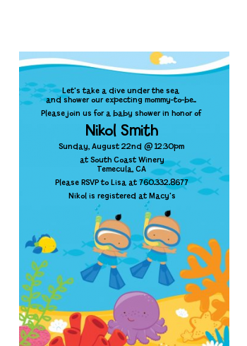 Under the Sea Hispanic Baby Boy Twins Snorkeling - Baby Shower Petite Invitations