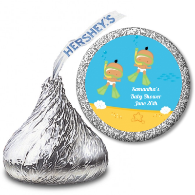 Under the Sea Hispanic Baby Twins Snorkeling - Hershey Kiss Baby Shower Sticker Labels